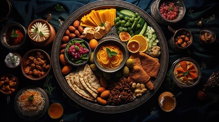 Arabian Food: Traditional Middle Eastern Lunch, Food that Muslims eat after sunset during Ramadan. an assortment of oriental Arab foods. Close-up top view. Generative AI