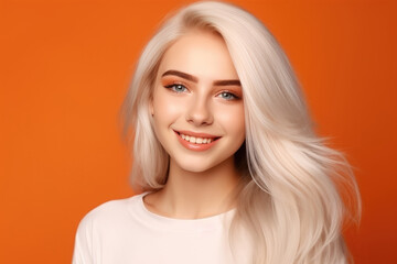 Radiant Teenage Beauty with White Hair on Vibrant Orange Background
