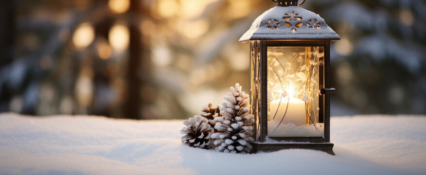Christmas day, on the snow, oil lamp and pine cones, forest in the background.
