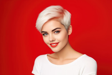 Charming Young Girl with Perfect Complexion, Short White Hair, Red Backdrop