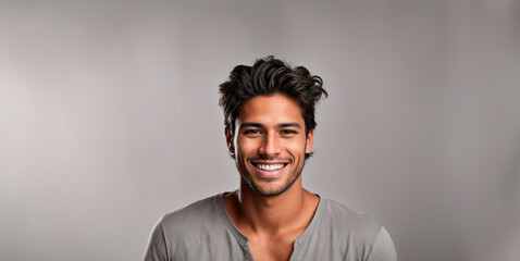 Obraz premium Young model man smiling looking at the camera. Male for advertising, ad, ads, advert. Dental, beauty, skincare, wellness, homewear, healthy, gym, hairdresser, home, student. Isolated, light background