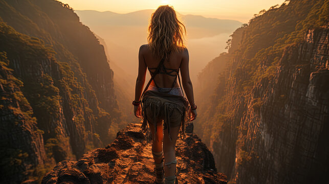 Fototapeta Walking on a Highline Between Two Cliffs While Sunset Landscape Background Selective Focus