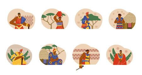 Set of African people in traditional clothes with geometrical ornaments flat style
