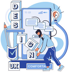 User experience design. Vector illustration. UX, signpost leading users through software landscape Designing software, process of fine-tuning user interface User interface, interface that bridges gap