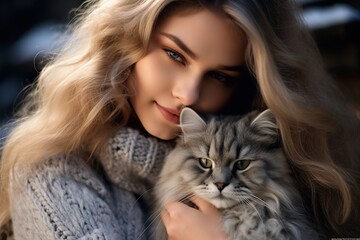 beautiful woman hugs a cat at home 