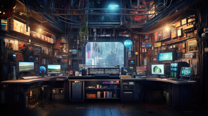 Fototapeta premium Digital Dreams in Print: Cyberpunk Library