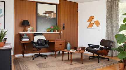 A midcentury modern home office with an eames chair -  Generative AI