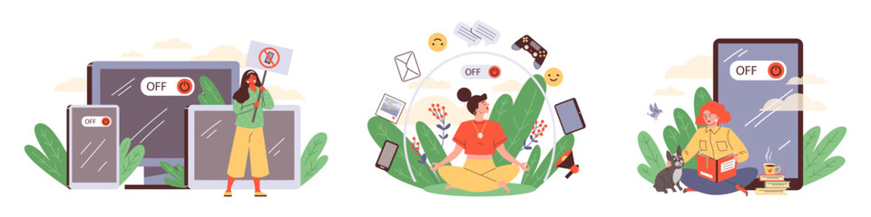 Set of women resting from gadgets and social media flat stye, vector illustration