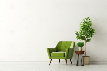 Interior wall display with green armchair on white background. Generative AI
