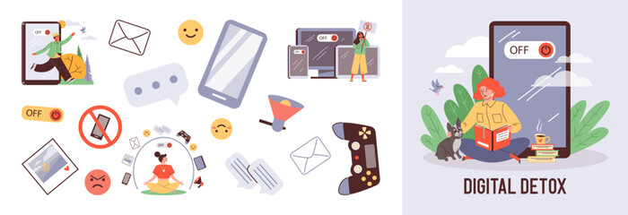 Digital detox day design set of characters and icons, flat vector illustration.