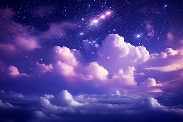 A purple and purple sky with clouds and stars in the night sky. Generative AI