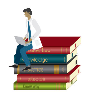 Man, doctor, nurse, healthcare people or scientist. She is sitting with a laptop on a pile of books. Isolated. Vector illustration.
