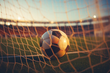 Soccer Triumph: Ball in Clean Net with Stadium Cheers