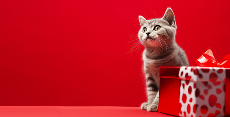 cat christmas background in green and red christmas background. generative ai