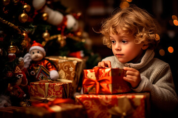 a child under the Christmas tree playing with the Christmas boxes and gifts