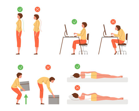 Vector isolated illustration set of correct and incorrect human poses spine, neck. Woman standing, sitting at computer, lifting object, lying on side