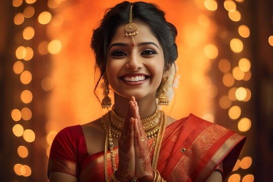 A smiling young woman of Indian ethnicity wearing traditional bridal clothings and golden jewellery showing &lsquo;Namaskar&rsquo; gesture