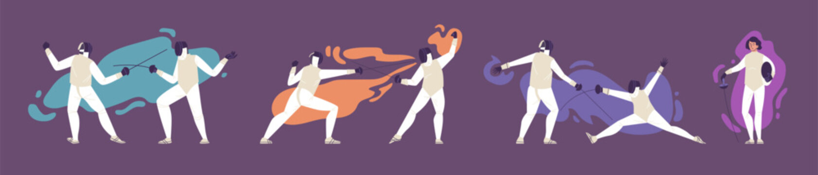 Set of various poses in Fencing duel competition, Vector fencing players against of traffic spots, Sword fighting