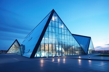 Contemporary triangle shape design modern Architecture building exterior with glass. Generative AI