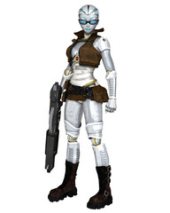 Female Cyborg Adventurer with Giant Gun, 3d digitally rendered science fiction illustration