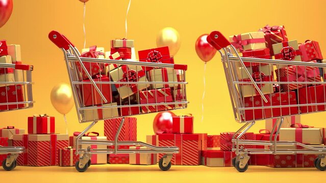 Shopping cart full of gift boxes with ribbons and bows on a red backgreound. New year and Christmas shopping concept. seamless 3d video animation