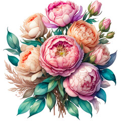 illustration blooming pink peony bouquet, watercolor style