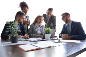 Group of young modern people in formalwear smiling and discussing something while working on a transparent background