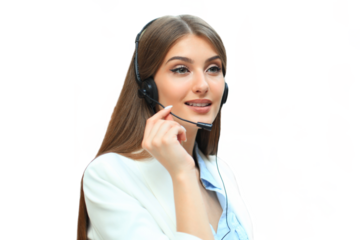 Female customer support operator with headset and smiling on a transparent background