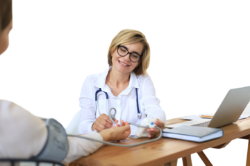 Middle aged female doctor therapist in consultation with patient on a transparent background