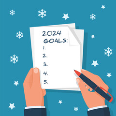 2024 new year goal. Man holds a sheet in hand with a plan for next year. Business motivation with text plan action in notepad. Vector flat design. Isolated on background white stars and snowflakes. - obrazy, fototapety, plakaty