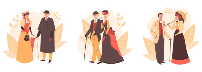 Set of couples of Victorian era, flat vector illustration isolated on white background.
