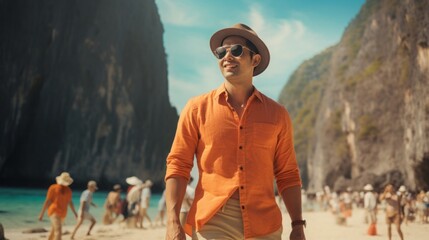 A fashionable smiling sexy young man in an orange shirt and sunglasses is walking on the beach at the tropical sea. Mountains around the beach. Sunny summer day.