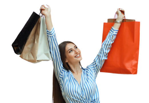 Happy woman holding shopping bags and smiling on a transparent background - Powered by Adobe