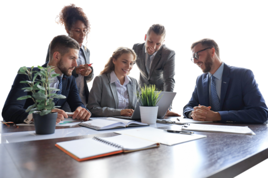 Group of young modern people in formalwear smiling and discussing something while working on a transparent background