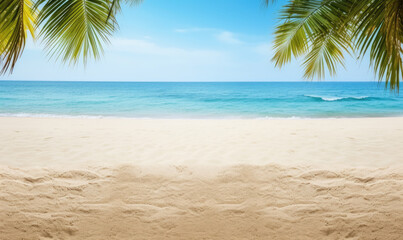 Fototapeta na wymiar Sunlit sand foreground with a soft-focus palm tree.