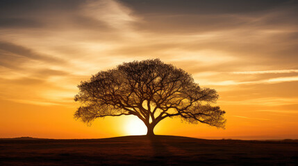 Nature's Embrace: Tree Silhouette in Golden Sunset