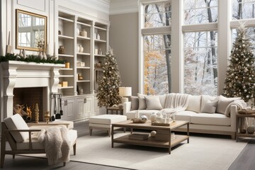 In a spacious white living room adorned with Christmas trees, the snowy forest view outside creates a wintry ambiance, contributing to the festive holiday decor. Photorealistic illustration