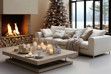 In a cozy living room with a fireplace, a Christmas tree adds festive charm, and a lake view outside enhances the inviting and wintery atmosphere. Photorealistic illustration