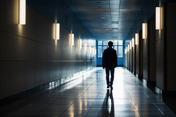 High angle view of Man walking alone in modern corridor hallway