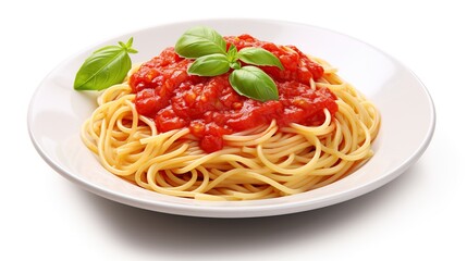 Delicious classic of pasta and spaghetti with tomato sauce in a plate on a white background. Generative Ai 