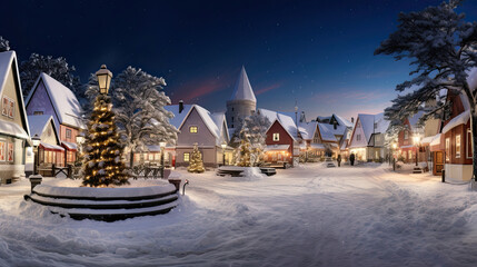Snow-covered village with cottages Christmas tree and twinkling lights