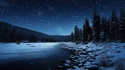 Snowy Landscape under a Star-Studded Sky with Glittering Constellations Above