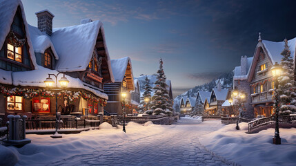 Quaint snow-covered village with charming cottages