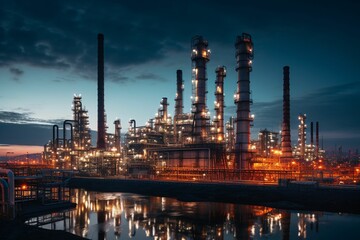 Fototapeta na wymiar a vast oil refinery at twilight, with towering distillation columns emitting steam, surrounded by intricate pipelines, and illuminated by warm artificial lights