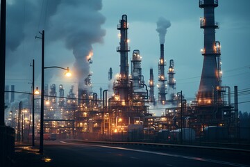 Fototapeta premium a vast oil refinery at twilight, with towering distillation columns emitting steam, surrounded by intricate pipelines, and illuminated by warm artificial lights