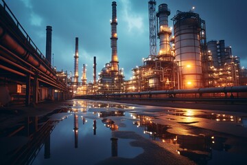 a vast oil refinery at twilight, with towering distillation columns emitting steam, surrounded by intricate pipelines, and illuminated by warm artificial lights