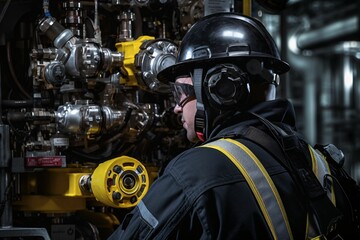 a close-up view of the meticulous machinery inside an oil refinery; valves, gauges, and metal pipes, with a distant worker in protective gear monitoring the process