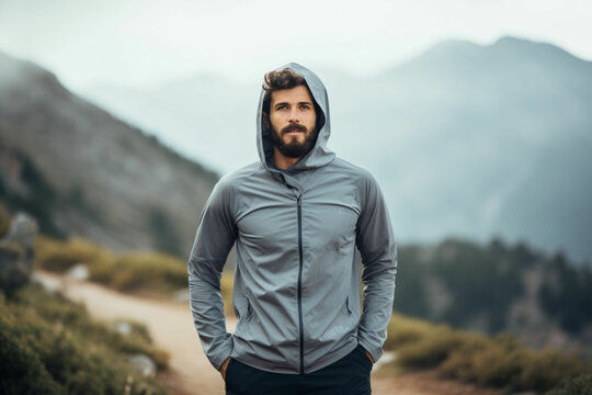 Hiking man, nature and morning fitness for freedom, running and exercise in mountains, adventure and wellness, Focus mindset of thinking runner with hoodie for cold, calm and healthy training workout
