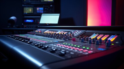 Control Desk,Console Fader View on Professional Audio Sound Mixer in Modern Music Recording Studio.