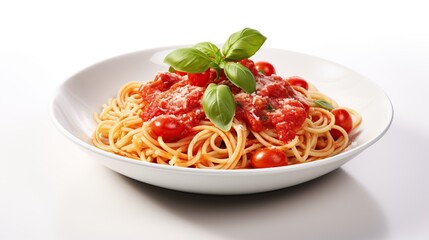 Delicious classic of pasta and spaghetti with tomato sauce in a plate on a white background. Generative Ai  - Powered by Adobe